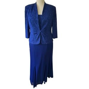 ALEX EVENINGS Long Evening Gown Set Blue Stretch Size 14 P Mother of Bride Party
